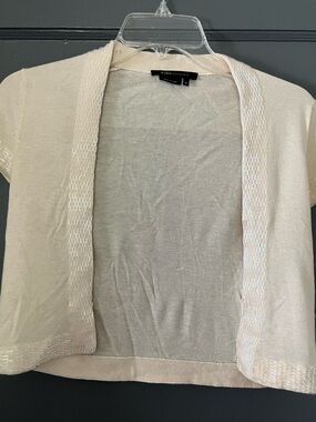 BCBG Short-Sleeve Open Cardigan in Cream with Iridescent Trim